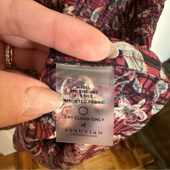 Peruvian Connection Silk Blend Tunic Long Sleeve Dress Red Floral Abstract 14 - Picture 6 of 6